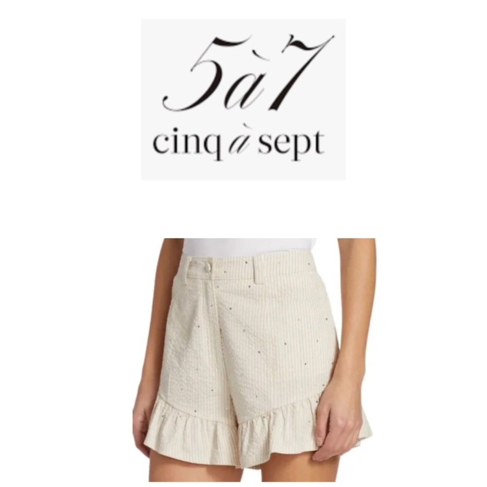 NWT Cinq à Sept Neema Rhinestone Seersucker Shorts Size 8 Ruffle Hem